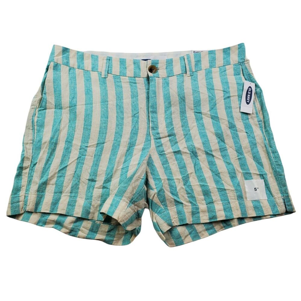 Old Navy Women Shorts SZ 12 Everyday Linen Blend Blue White 5" Beach Striped NWT